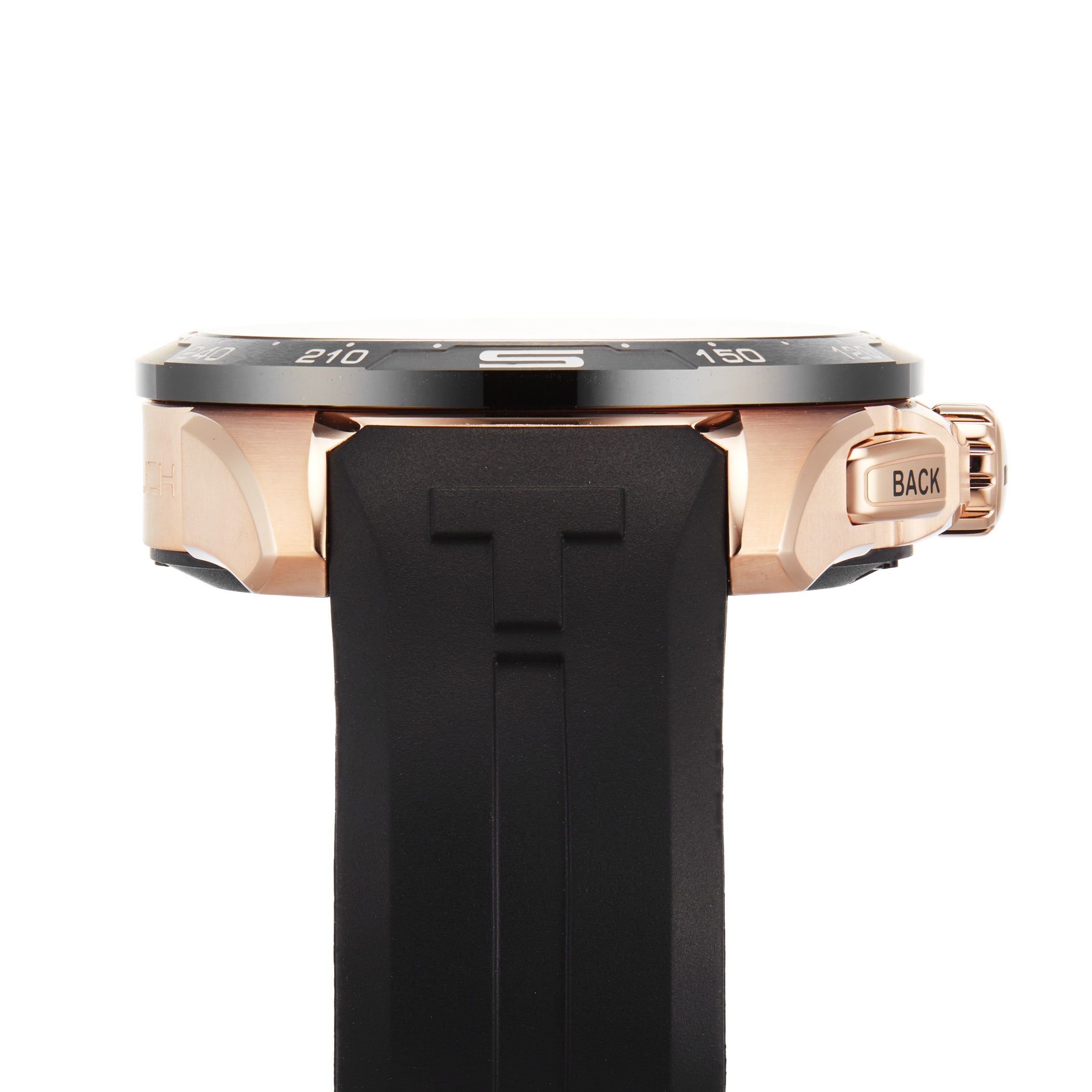 Side view of the Tissot T-Touch Connect Solar, featuring a gold antimagnetic titanium case, black bezel, black rubber strap, and a side button labeled BACK.