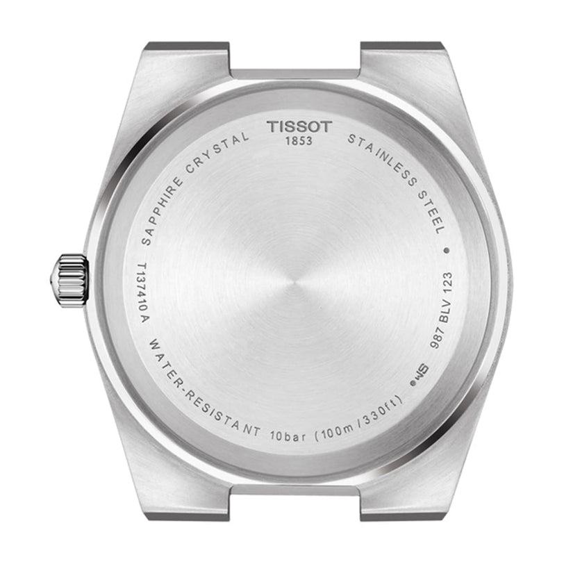 The back case of the Tissot PRX displays its 1970s-inspired design with engravings for the brand, model, Swiss quartz movement, sapphire crystal, stainless steel, and 10 bar (100m/330ft) water resistance.
