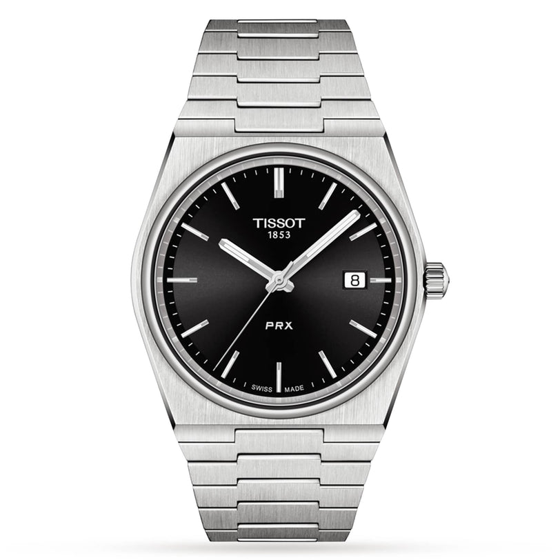 The Tissot PRX is a stainless steel wristwatch featuring a black dial, silver hour markers, Swiss quartz movement, and a date display at 3 o’clock.