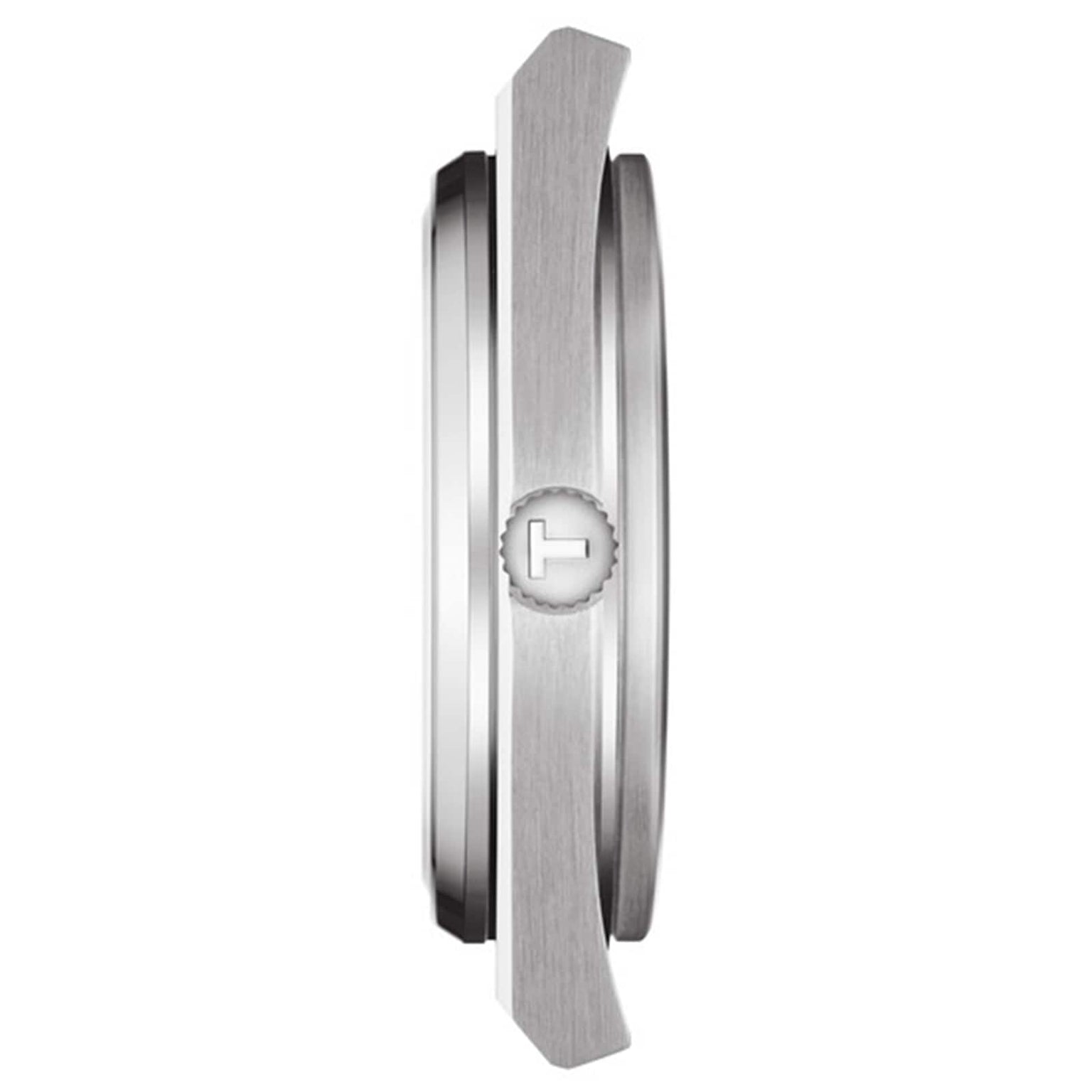Side view of the Tissot PRX, highlighting its stainless steel case and a textured crown engraved with the letter T—an embodiment of classic Swiss craftsmanship.