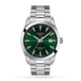 The Tissot Gentleman Powermatic 80 Silicium features a green dial, silver hour markers, date window at 3 oclock, and a stainless steel bracelet.
