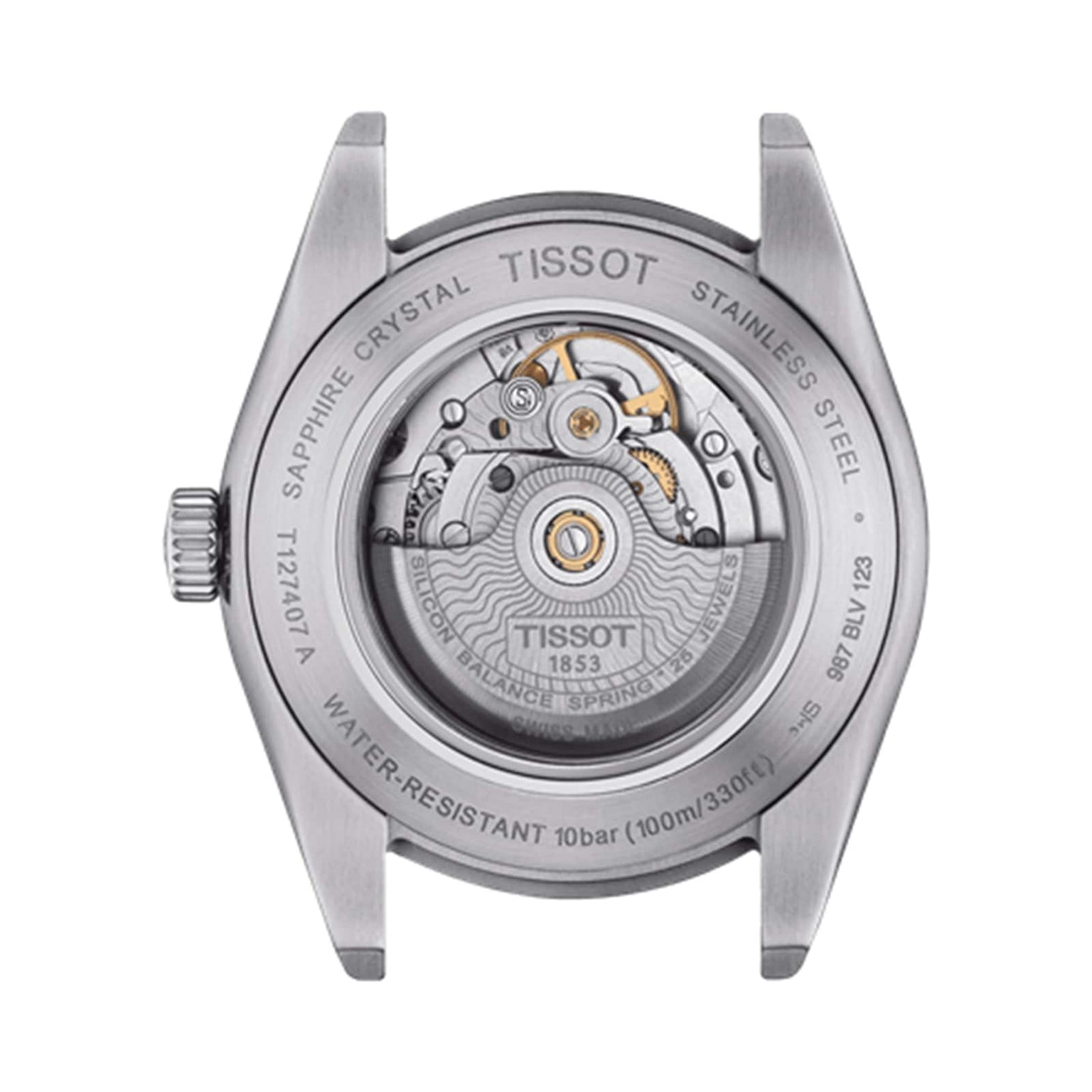 Rear view of a Tissot Gentleman Powermatic 80 Silicium watch case displays the visible automatic movement, labeled gears, and engraved specifications on the stainless steel back.