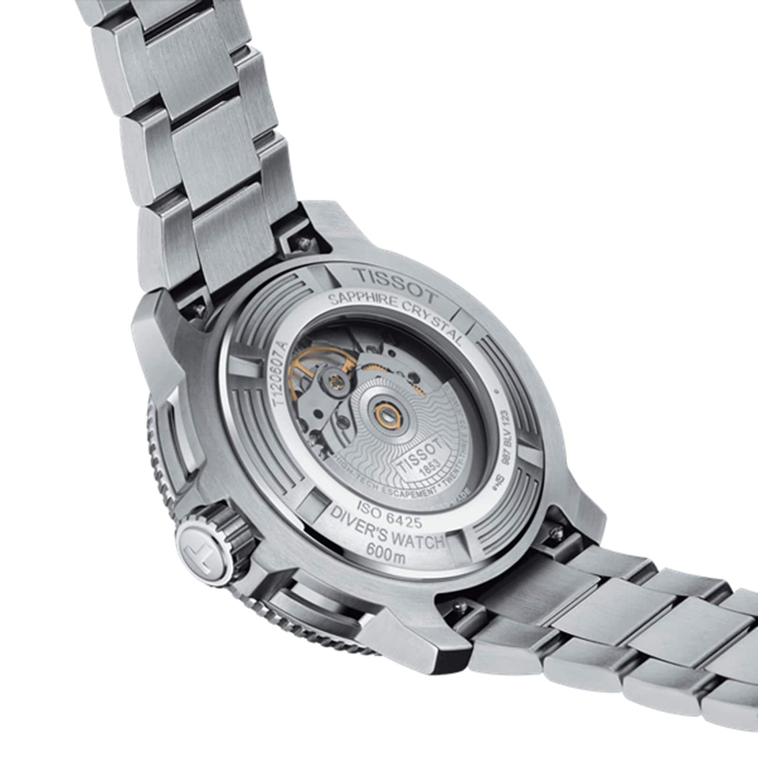 The image shows the back of the Tissot Seastar 2000 Professional Powermatic 80 with a stainless steel bracelet and sapphire crystal case back displaying its Powermatic 80 automatic movement.