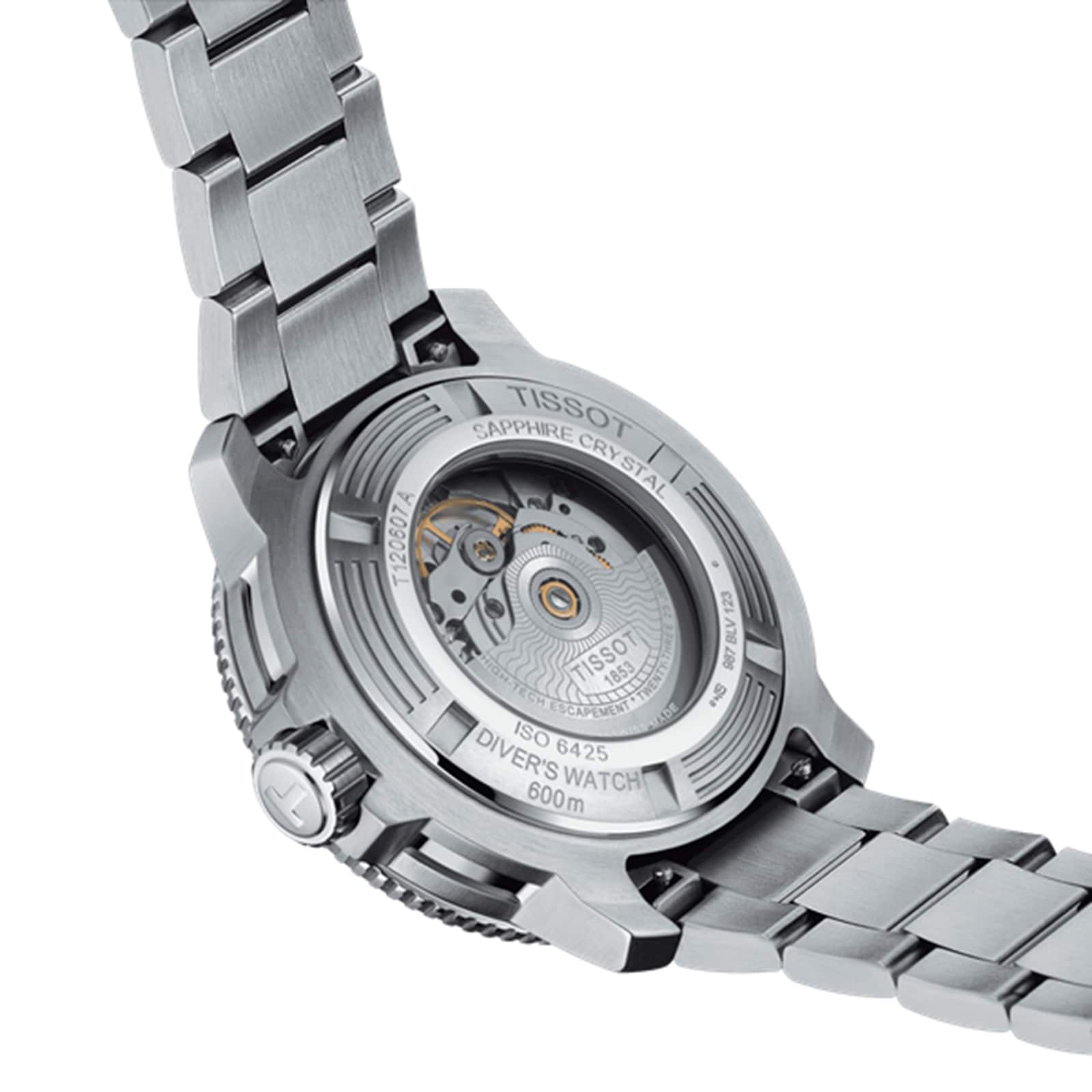 The image shows the back of the Tissot Seastar 2000 Professional Powermatic 80 with a stainless steel bracelet and sapphire crystal case back displaying its Powermatic 80 automatic movement.