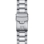 Close-up of the Tissot Seastar 2000 Professional Powermatic 80’s stainless steel bracelet with a deployment clasp, engraved with the “T” logo—showcasing the precision craftsmanship of this professional divers watch.