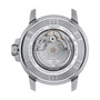 Rear view of the Tissot Seastar 1000 Powermatic 80 highlights its stainless steel case, transparent sapphire crystal, automatic movement, and water resistance markings.
