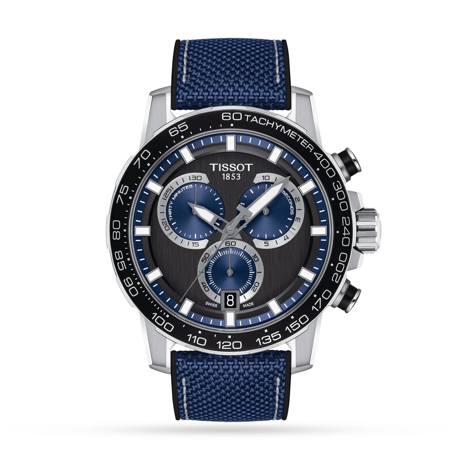 The Tissot Supersport Chrono features a black dial with blue subdials, tachymeter bezel, blue textured strap, and precise Swiss quartz movement, displaying 1:53:12.