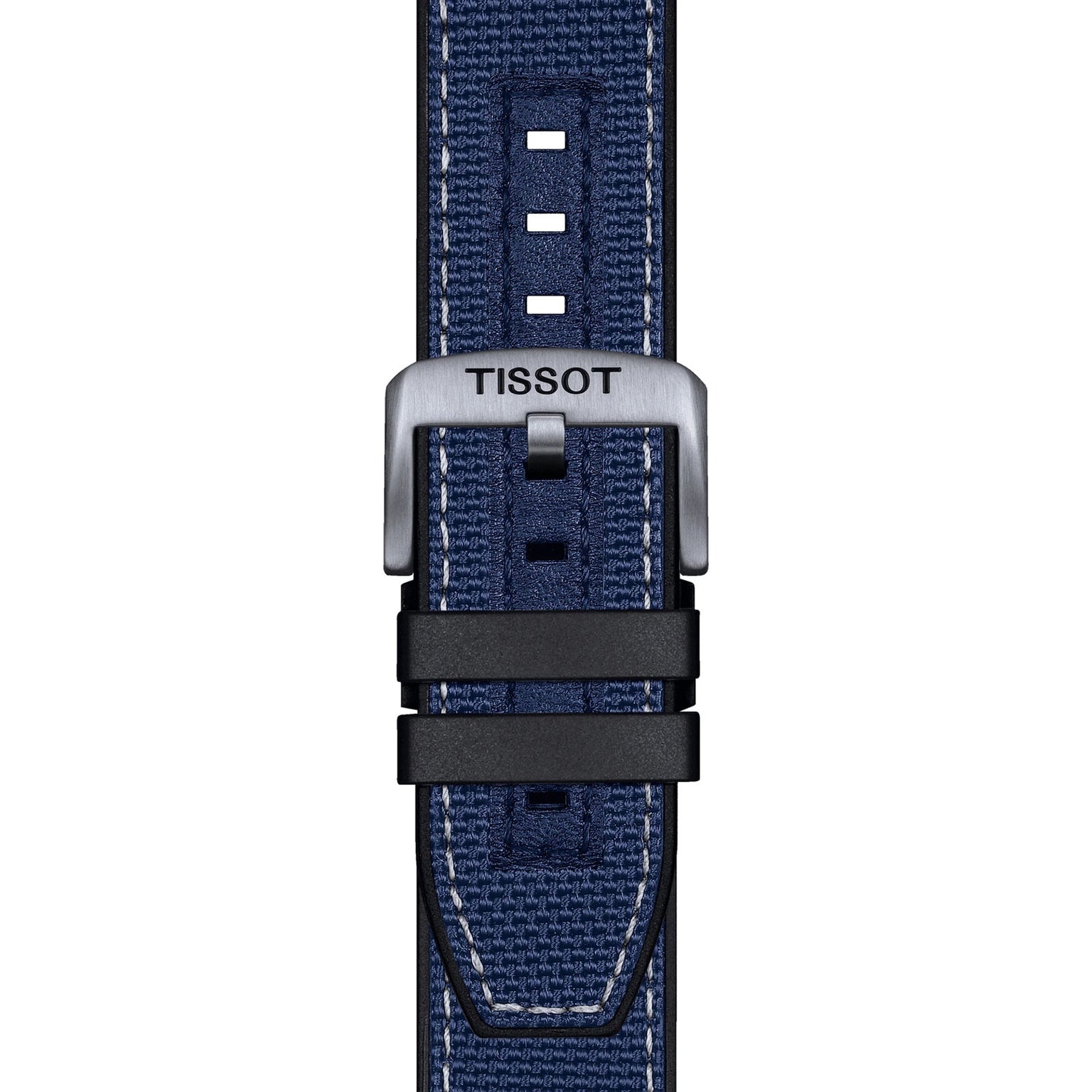 A blue textured Tissot strap with white stitching, metal buckle, and two black loops—ideal for your Supersport Chrono or any Tissot watch.