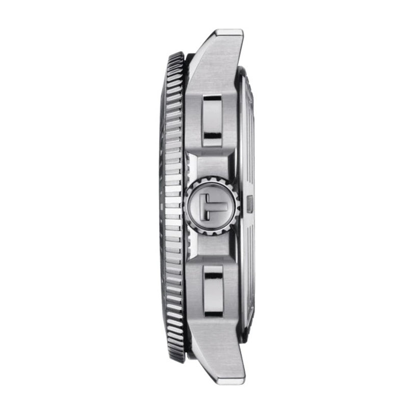 Side view of the Tissot Seastar 1000 Powermatic 80 divers watch in silver, highlighting the crown, two pushers, and notched bezel edge against a white background.
