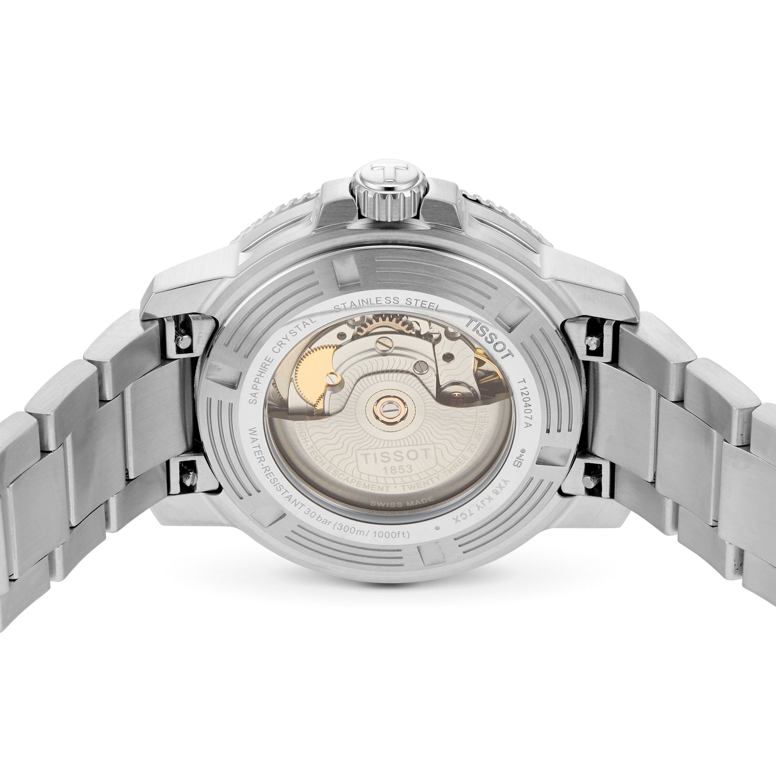Close-up of the back of the Tissot Seastar 1000 Powermatic 80, showing its stainless steel case, transparent case back, and intricate Powermatic 80 movement inside.