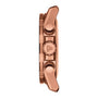 Side view of the Tissot Supersport Chrono in rose gold, displaying three buttons and a logo-embellished crown—highlighting the Swiss quartz elegance that defines this luxury timepiece.