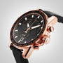 A close-up of the Tissot Supersport Chrono, featuring a rose gold case, black dial with multiple subdials, date display, Swiss quartz movement, and a black leather strap.