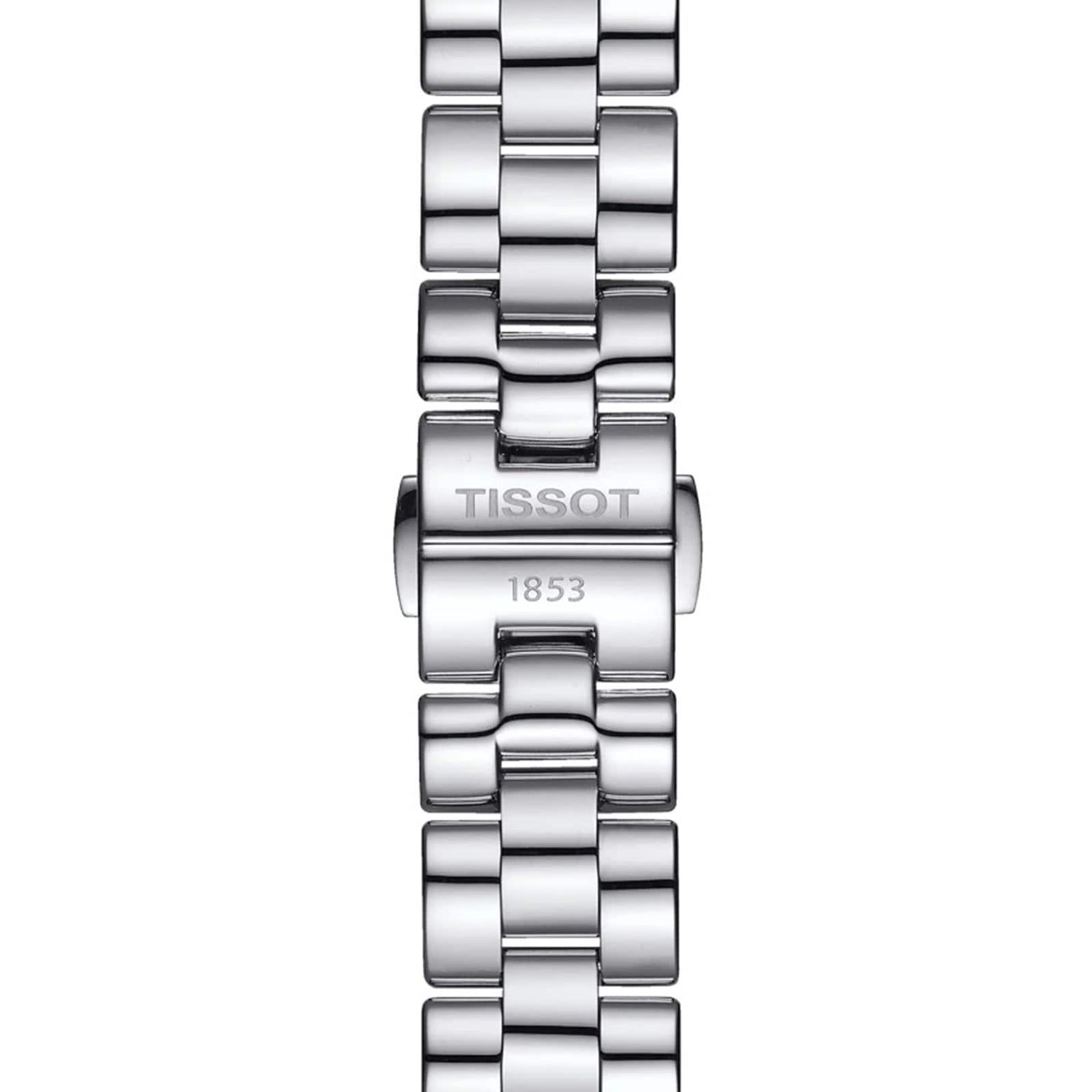 Close-up of a silver Tissot T-Wave watch bracelet, featuring the engraved brand name and 1853 on the clasp—a mark of refined feminine elegance.