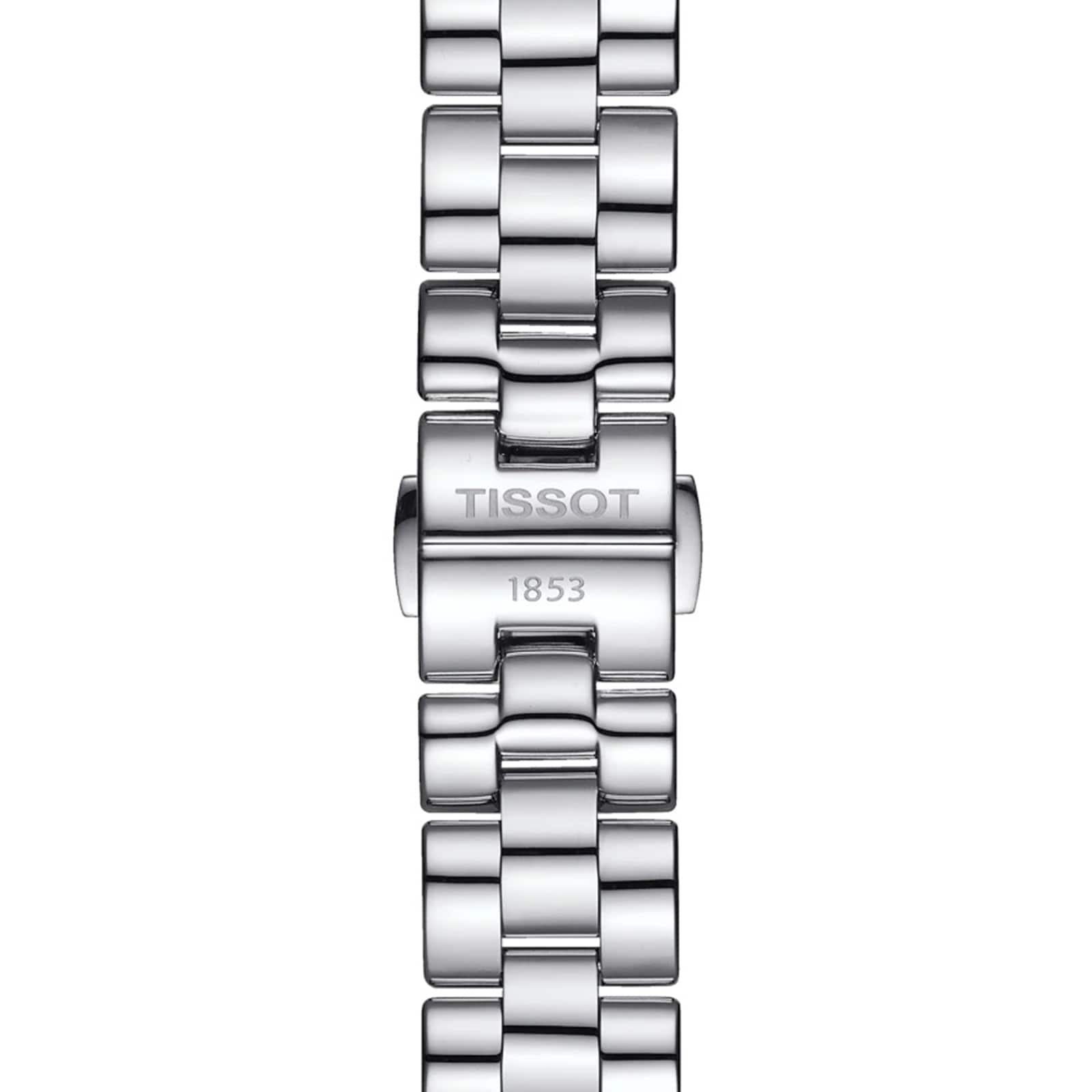Close-up of a silver Tissot T-Wave watch bracelet, featuring the engraved brand name and 1853 on the clasp—a mark of refined feminine elegance.