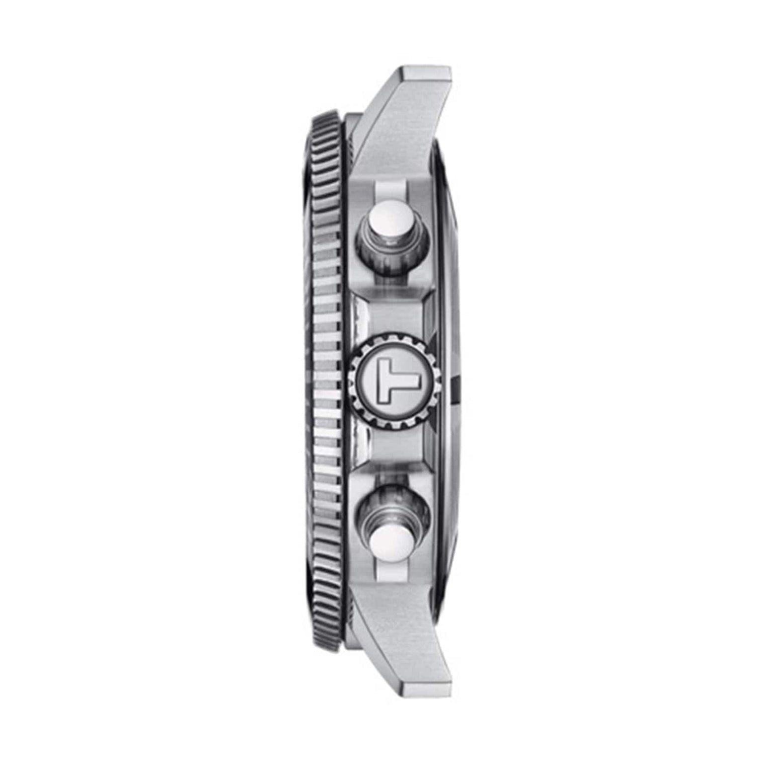 Side view of the Tissot Seastar 1000 Chronograph’s stainless steel case with a textured bezel, two pushers, and an engraved-logo crown—designed for water resistance.