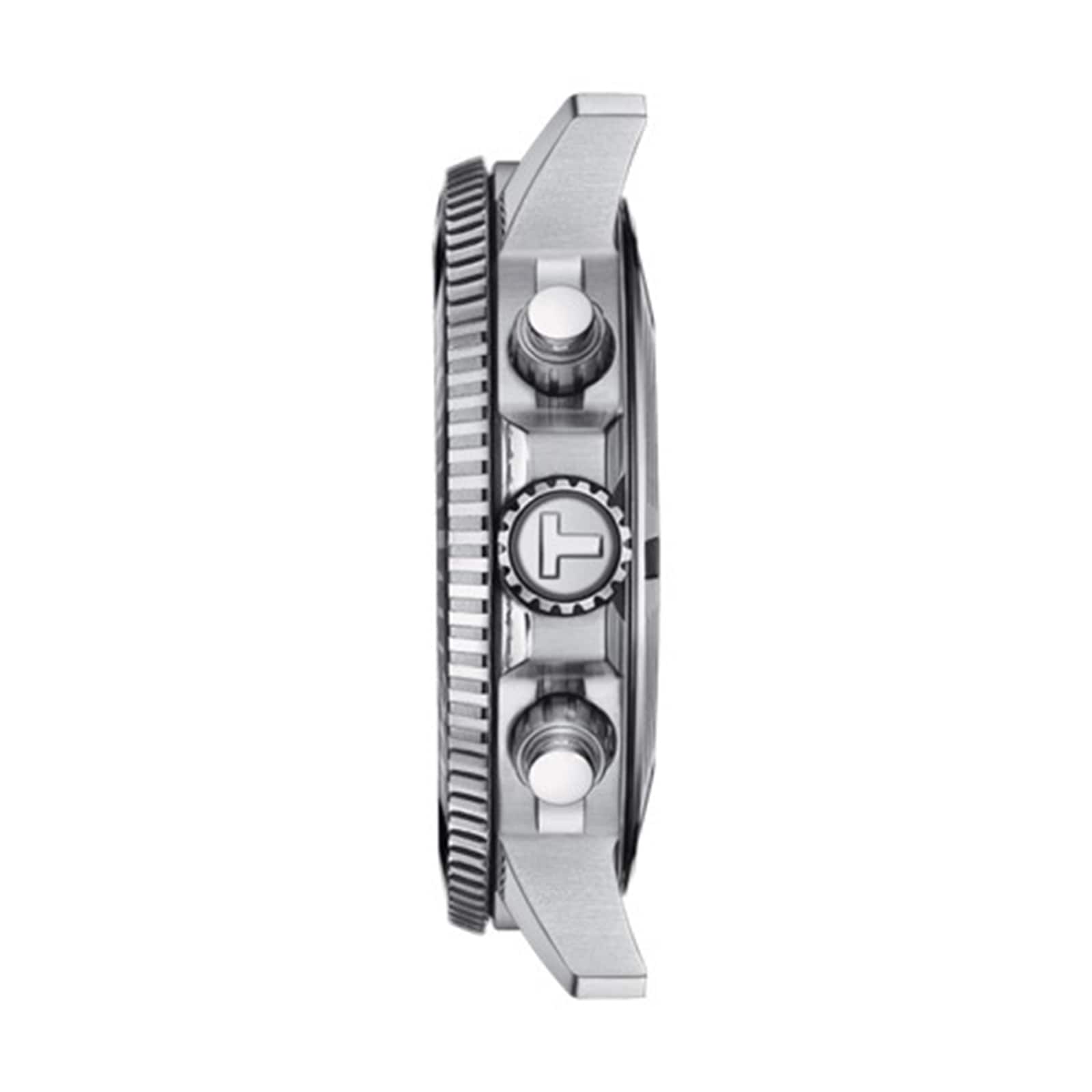 Side view of the Tissot Seastar 1000 Chronograph’s stainless steel case with a textured bezel, two pushers, and an engraved-logo crown—designed for water resistance.