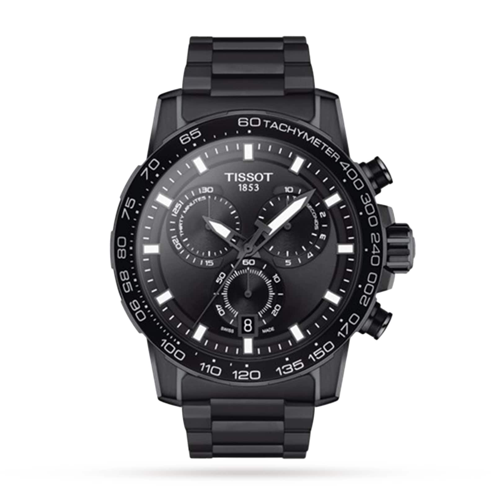 A Tissot Supersport Chrono wristwatch in black with three subdials, a tachymeter bezel, and a metal bracelet. It features Swiss quartz movement and is shown against a white background.