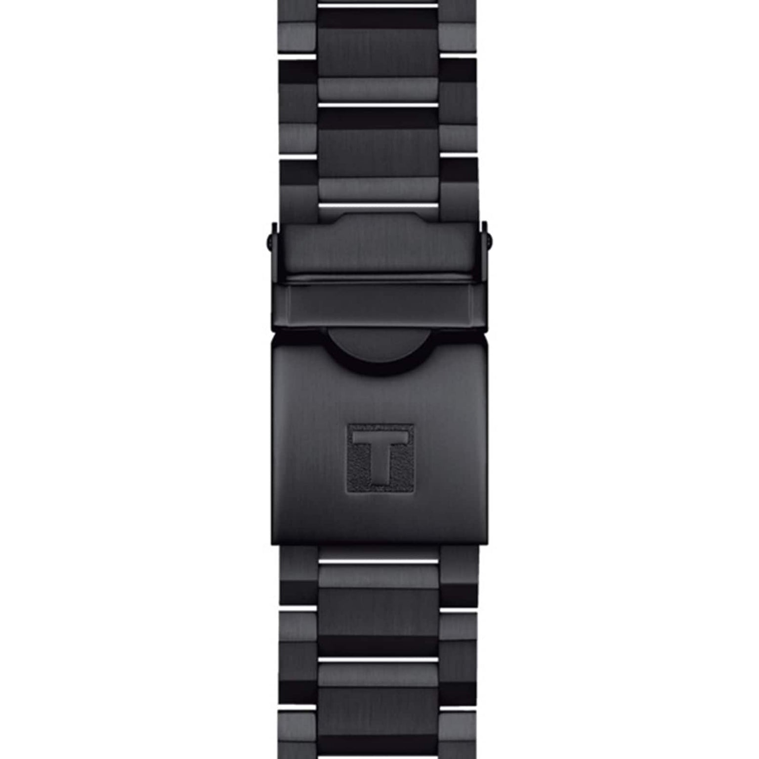 A close-up of a black metal watch band with a clasp featuring a raised T logo showcases the distinctive style of the Tissot Supersport Chrono.