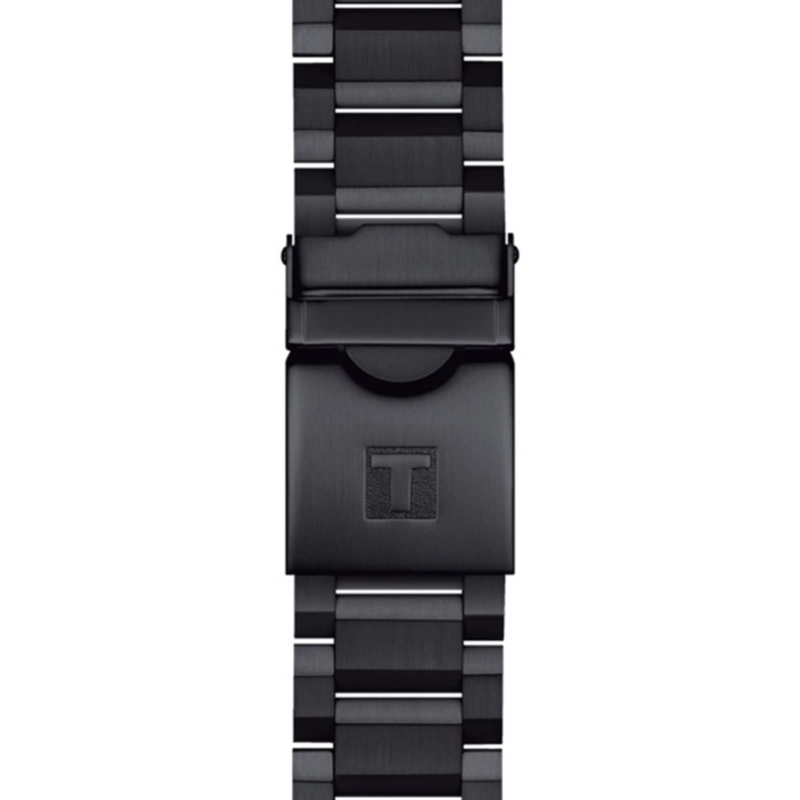 A close-up of a black metal watch band with a clasp featuring a raised T logo showcases the distinctive style of the Tissot Supersport Chrono.