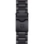 A close-up of a black metal watch band with a clasp featuring a raised T logo showcases the distinctive style of the Tissot Supersport Chrono.
