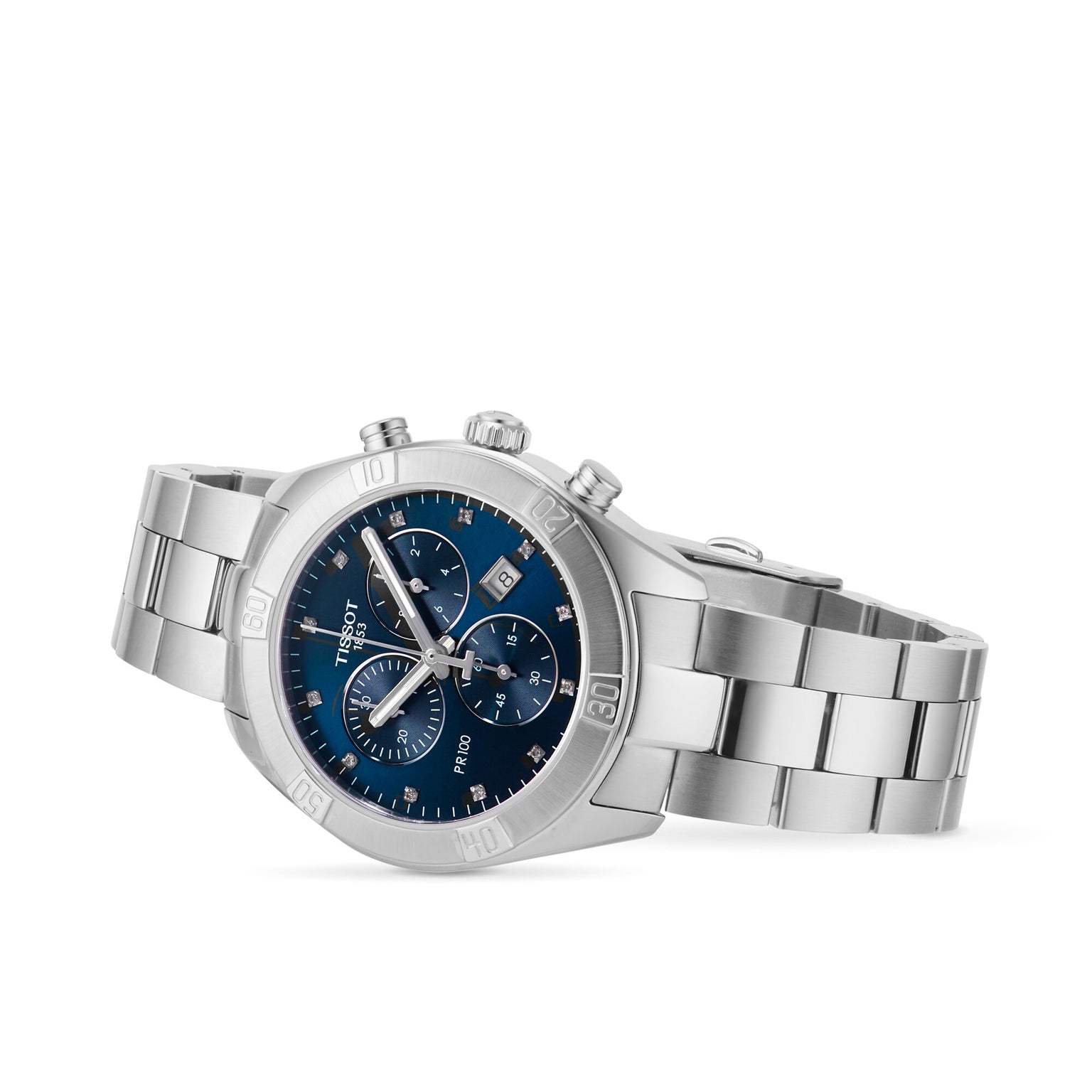 The Tissot PR 100 Sport Chic Chronograph, featuring a silver metal bracelet, blue dial, three subdials, and date display, is shown at an angle.