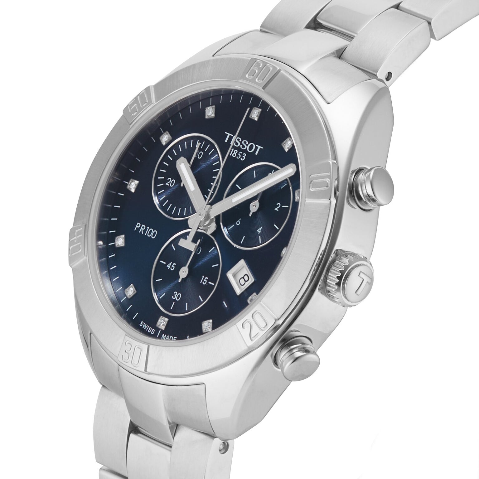 The Tissot PR 100 Sport Chic Chronograph features a silver stainless steel band, blue dial, and three subdials.