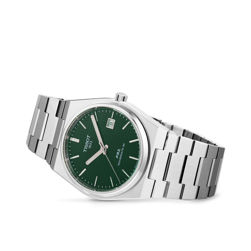 The Tissot PRX Powermatic 80 features a green textured dial, stainless steel case and bracelet, silver hour markers, and a date display at 3 o’clock—a refined stainless steel watch from Tissot.