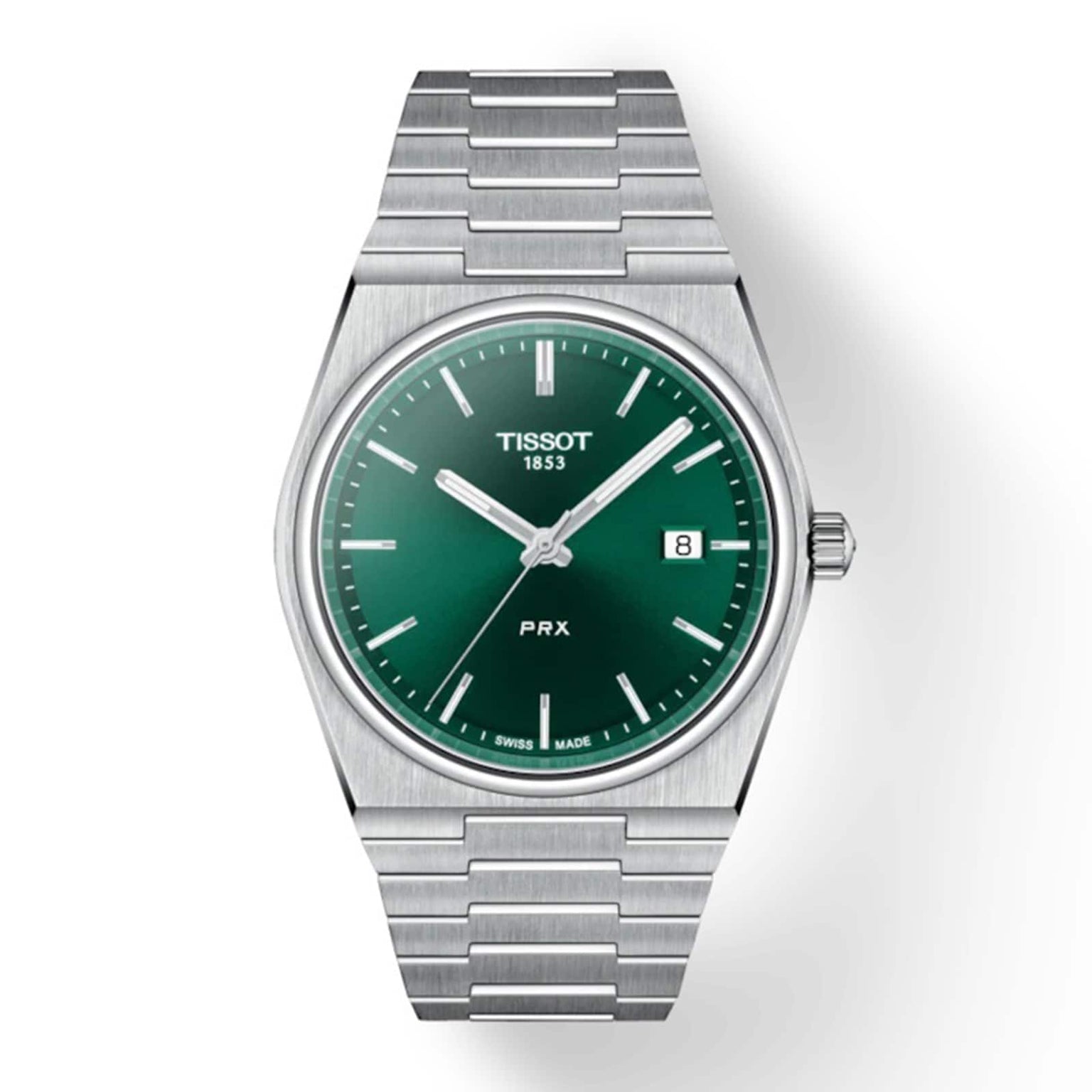 The Tissot PRX is a stainless steel wristwatch with a green dial, white hour markers, Swiss quartz movement, date display at 3 o’clock, and a brushed stainless steel bracelet.