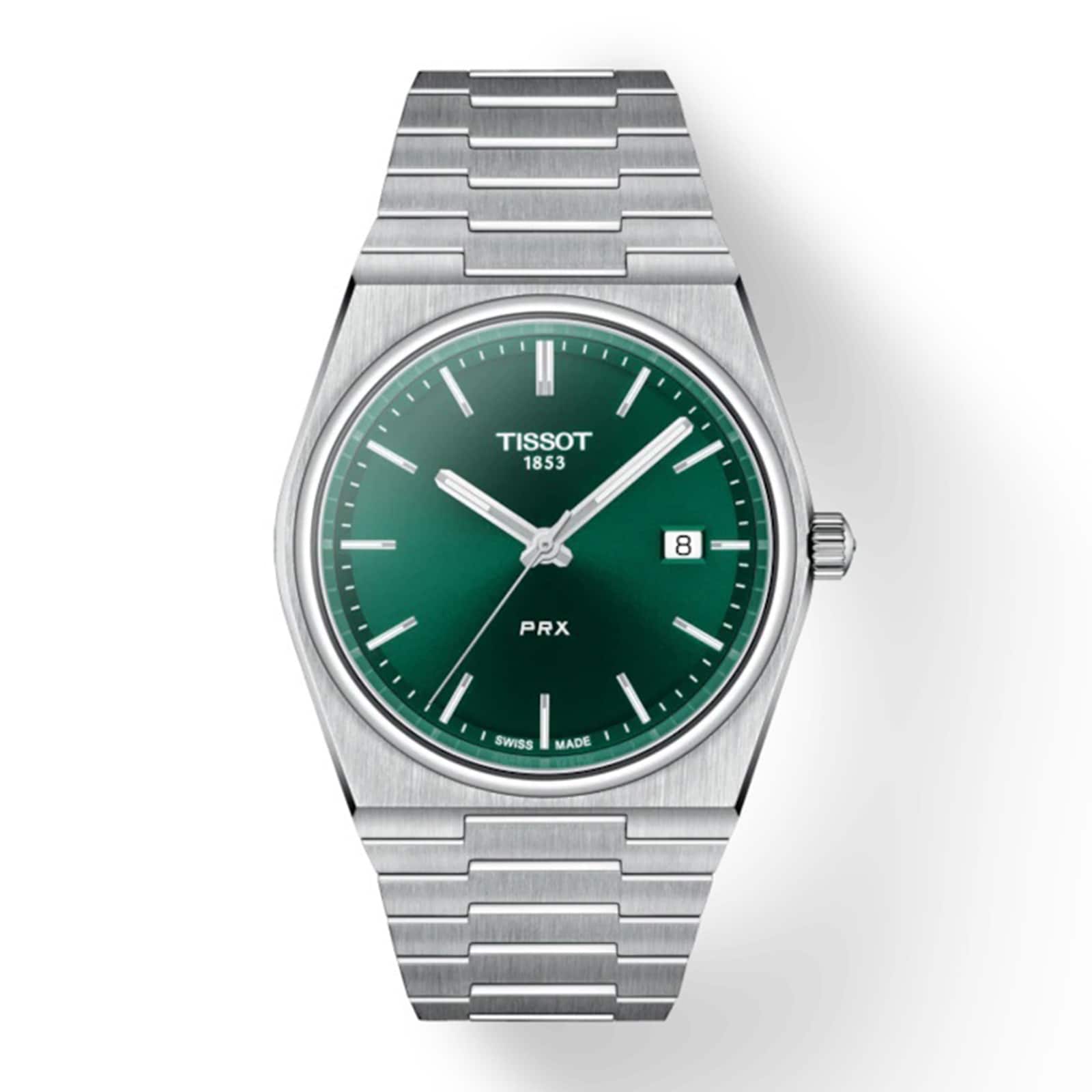 The Tissot PRX is a stainless steel wristwatch with a green dial, white hour markers, Swiss quartz movement, date display at 3 o’clock, and a brushed stainless steel bracelet.