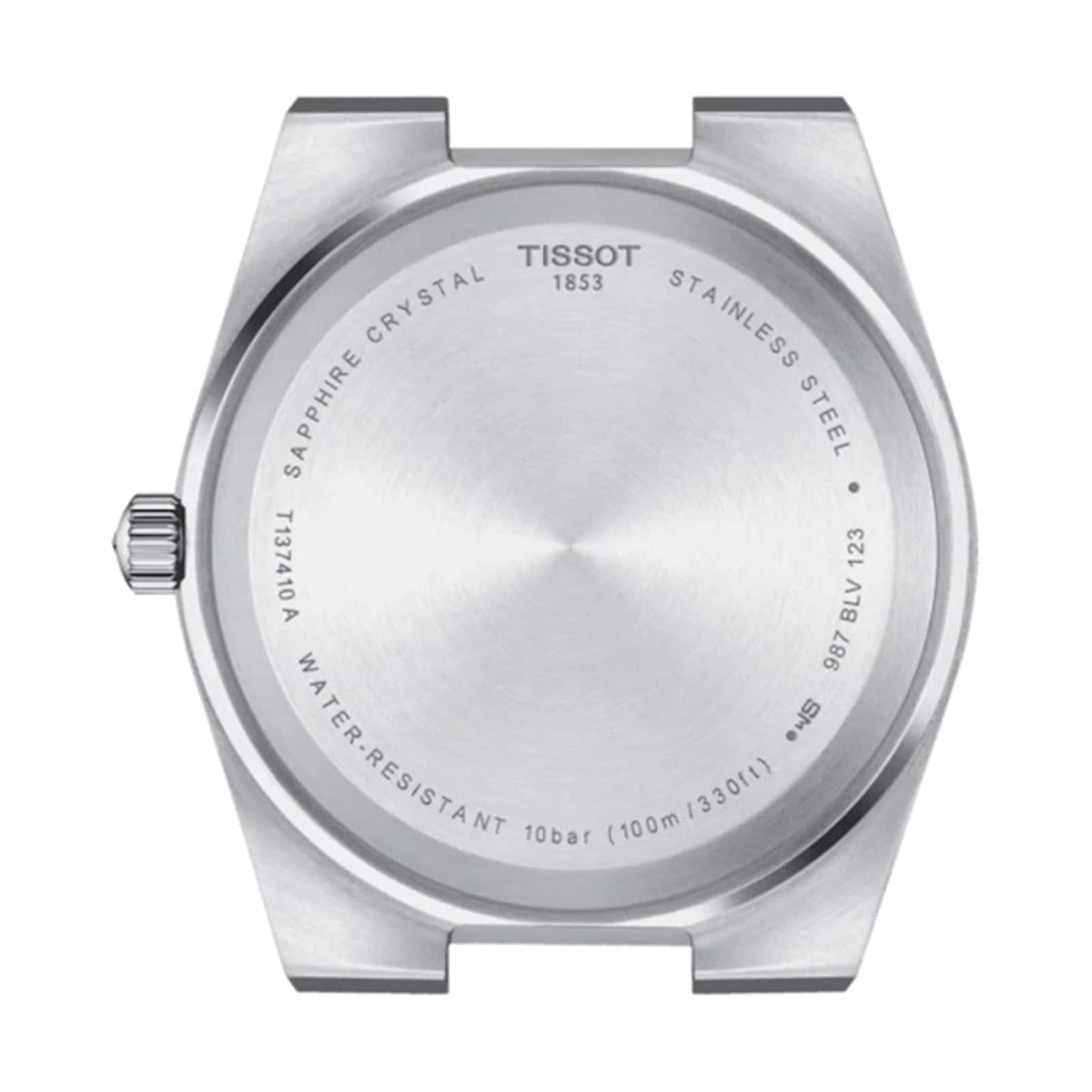 The back of the Tissot PRX watch case shows the brand name, water resistance, model and serial numbers, sapphire crystal label, and emphasizes its Swiss quartz movement.