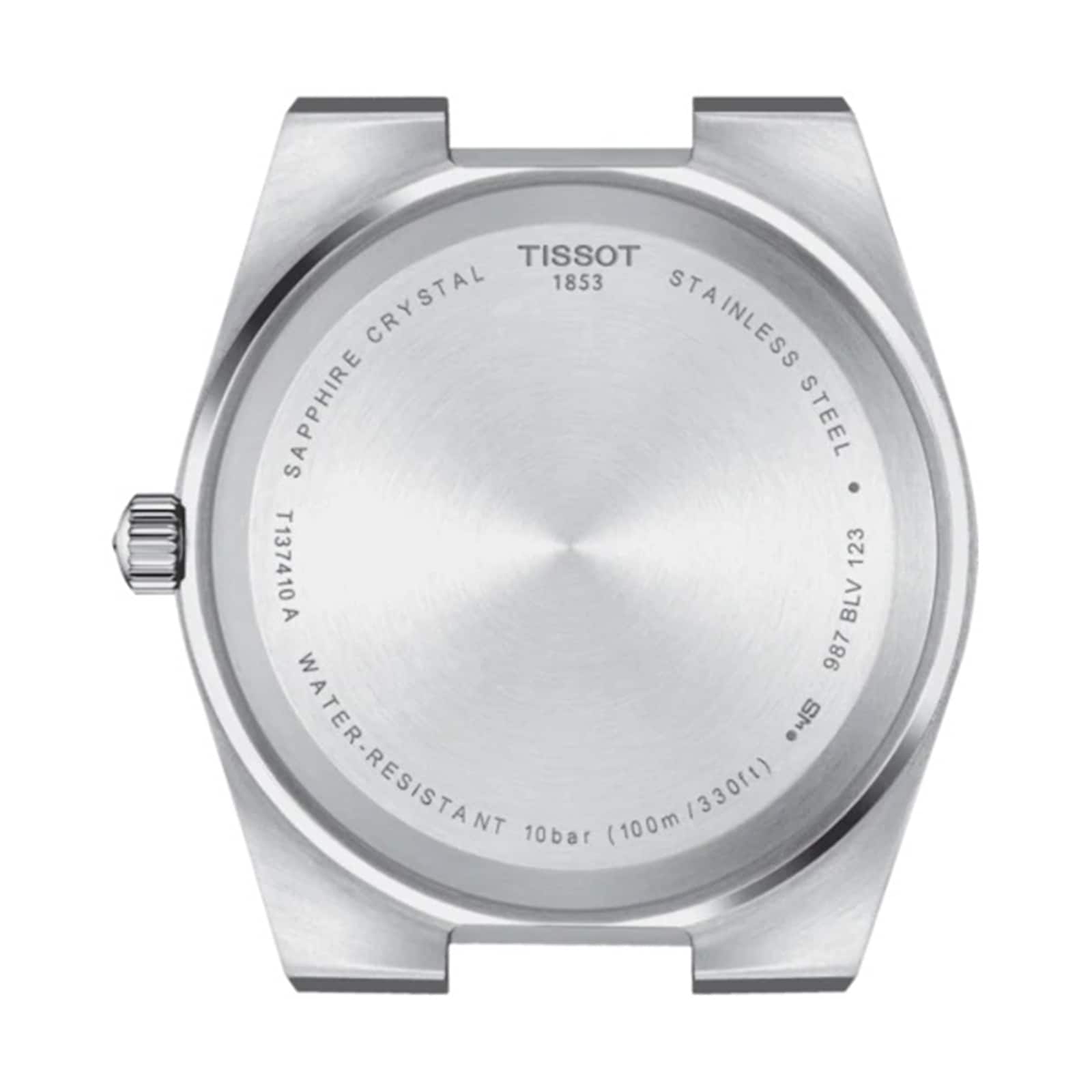 The back of the Tissot PRX watch case shows the brand name, water resistance, model and serial numbers, sapphire crystal label, and emphasizes its Swiss quartz movement.