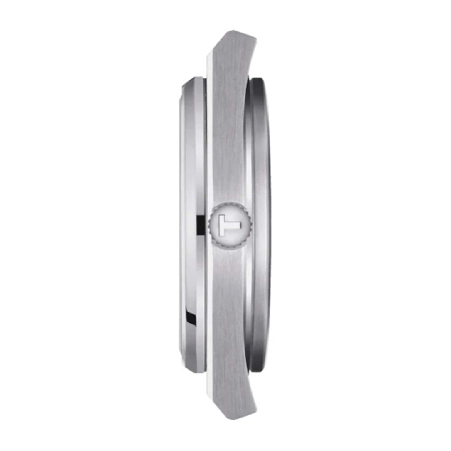 Side view of the Tissot PRX wristwatch showing its slim profile, metallic case, Swiss quartz movement, and a crown adorned with a T-shaped logo.