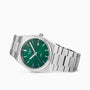The Tissot PRX features a green dial with silver hour markers, date display at 3 o’clock, and reliable Swiss quartz movement on a stainless steel bracelet.