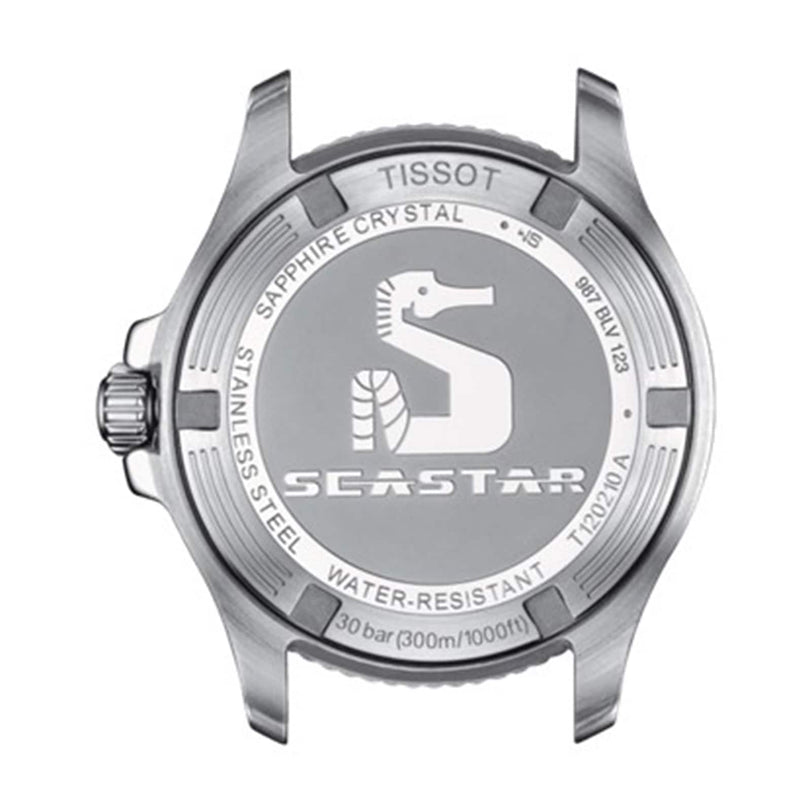 Back view of the Tissot Seastar 1000 case showing the seahorse logo, stainless steel build, water resistance info, and a sapphire crystal label.