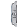 Side view of the Tissot Seastar 1000 stainless steel divers watch case with a textured bezel, T logo crown, and strap lugs. Designed for water resistance and reliable underwater performance.