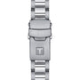 A close-up of the Seastar 1000’s silver metal clasp with a brushed finish features the engraved Tissot T logo, highlighting the robust design of this Tissot divers watch.