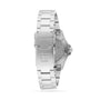 A close-up of the back of the Tissot Seastar 1000, showing its stainless steel design, folded clasp, and engraved branding on both the water-resistant clasp and case back.