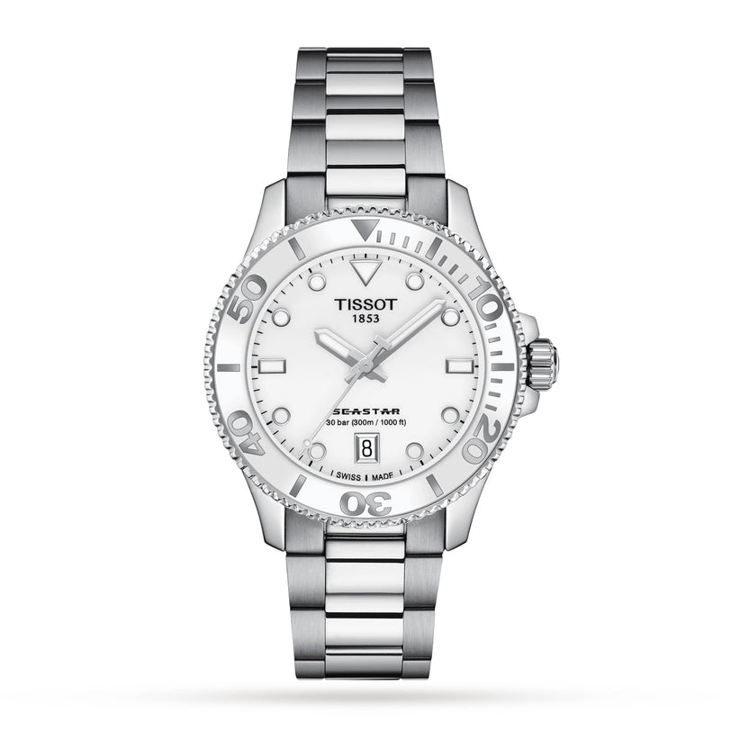 The Tissot Seastar 1000 is a water-resistant stainless steel wristwatch with a white dial, silver hour markers, date display at 6 o’clock, and a metal link bracelet—ideal as a stylish diver’s watch.
