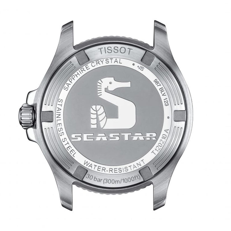 The back case of the Tissot Seastar 1000 displays a seahorse logo, model number, water resistance details, and material specifications.