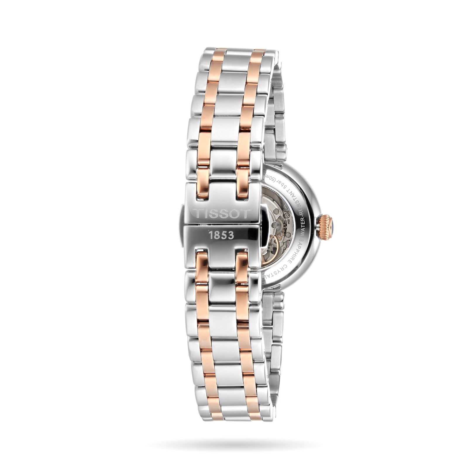 A silver and rose gold Tissot Bellissima Automatic wristwatch is shown from the back, featuring the brand name and 1853 on the clasp—an exquisite display of luxury and style from Tissot.