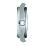 Side view of the Tissot PRX silver wristwatch case featuring a textured crown and minimalistic design, shown on a white background.