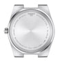 Back view of the Tissot PRX showcases its stainless steel case, model number engravings, sapphire crystal, water resistance details, and signature Swiss quartz movement.