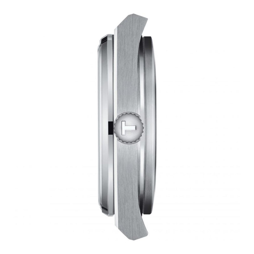 Side view of a silver Tissot PRX watch case showing the crown with T-shaped logo and Swiss quartz movement, set against a plain white background.