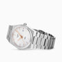 The Tissot PRX wristwatch features a silver stainless steel bracelet, white dial, Swiss quartz movement, and a date window at 3 o’clock, displayed on a white background.