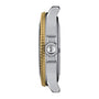 Side view of the Tissot Seastar 1000 wristwatch case with a gold-toned bezel, silver body, SuperLuminova® accents, and a logo-engraved crown.
