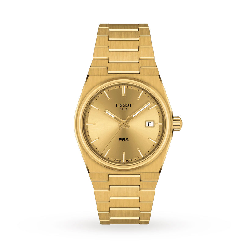 The Tissot PRX is a gold wristwatch with a gold dial, gold markers and hands, date window at 3 o’clock, Swiss quartz movement, and matching gold bracelet, shown on a white background.