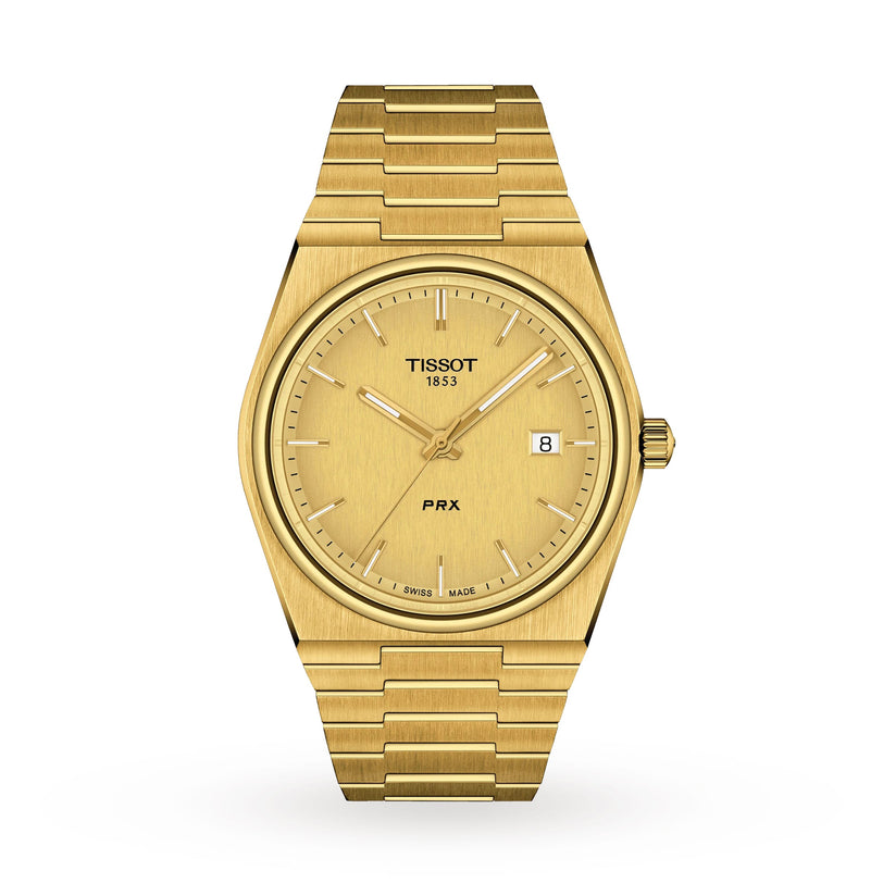 The Tissot PRX features a gold dial, gold hands and markers, date display at 3 oclock, and a gold metal bracelet. Powered by Swiss-made quartz movement for accuracy. Displayed on a white background.
