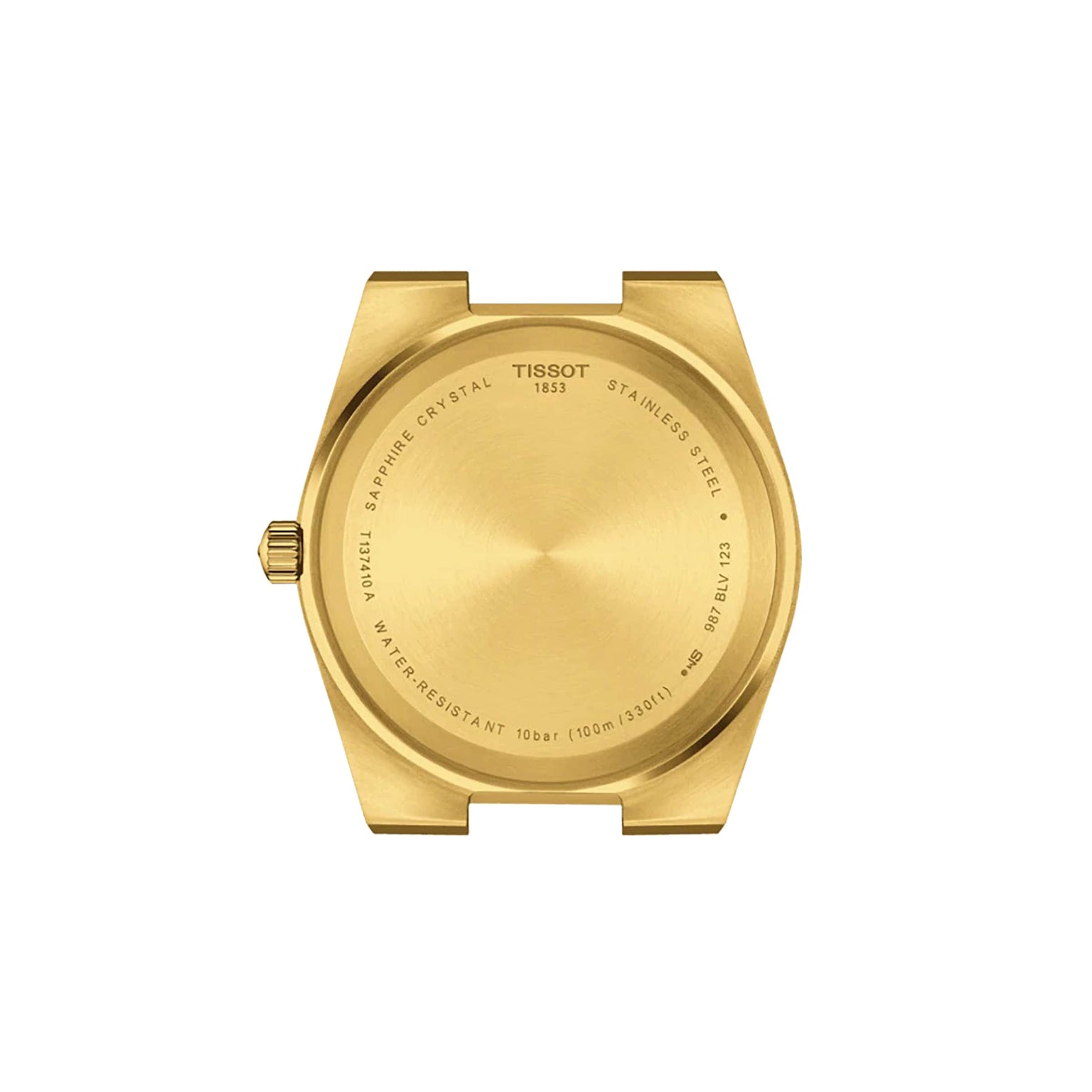 The Tissot PRX watch features an engraved case back highlighting its Swiss quartz movement, sapphire crystal, stainless steel case, water resistance, and unique serial number.