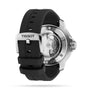 Back view of the Tissot Seastar 2000 Professional Powermatic 80 with a black rubber strap, stainless steel buckle, and visible Powermatic 80 movement through a transparent case back—highlighting its refined design and pro diver certification.