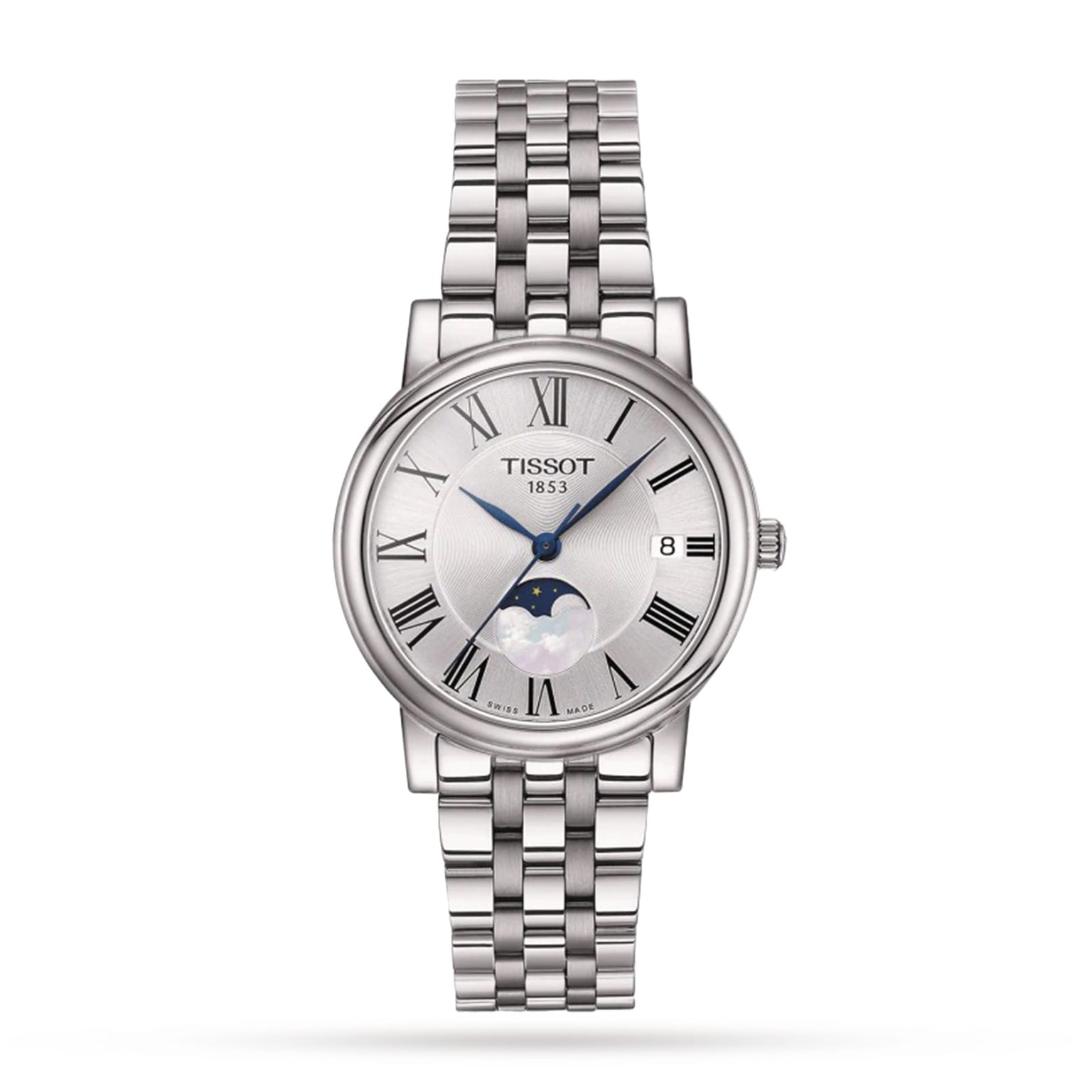 The Tissot Carson Premium Moonphase features Roman numerals, Swiss quartz movement, a moonphase display, date window at 3 oclock, and a metal link bracelet, shown on a white background.